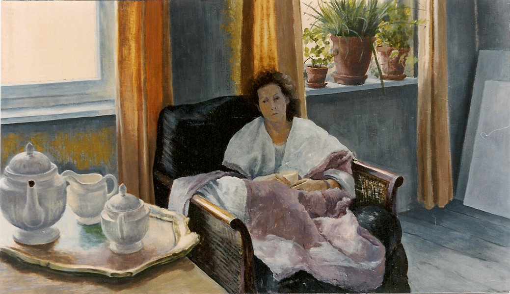 Tee im Atelier, 1986, Ölfarben auf Hartfaserplatte, 54 x 98 cm